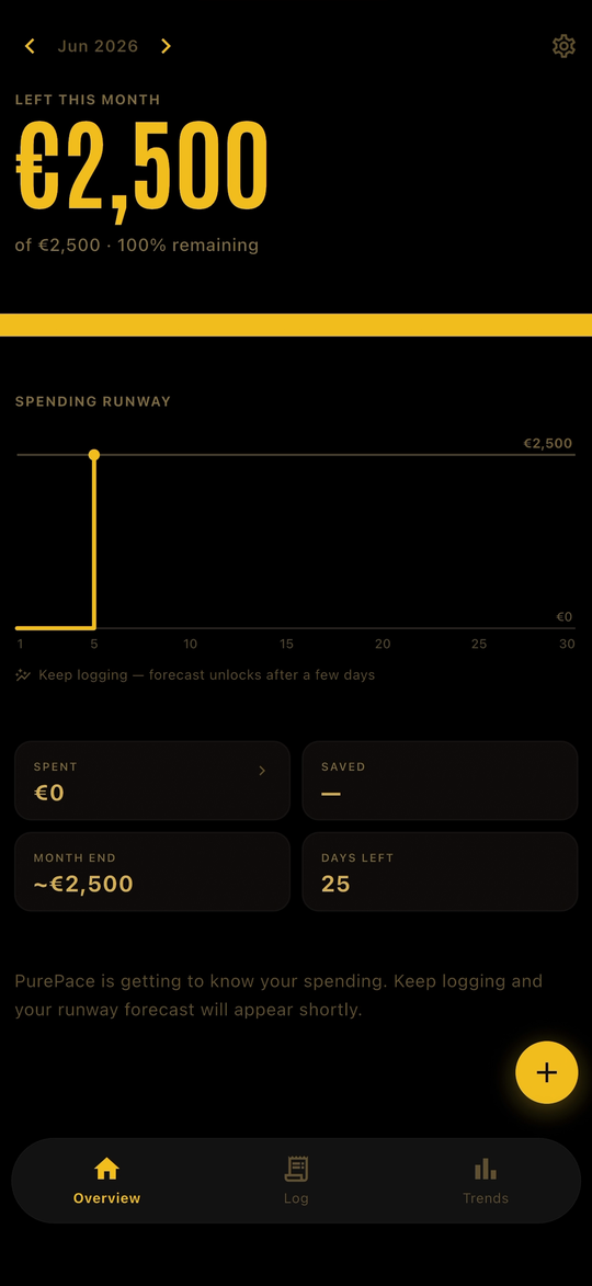 The IyalPace overview screen, showing the amount left this month in large gold figures above a spending runway chart, with tiles for spent, saved, projected month end and days left.