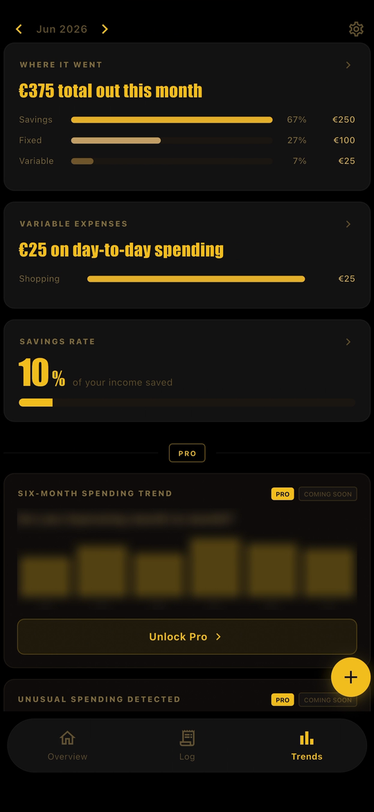 The IyalPace trends screen, showing spending broken down into charts and categories over time.